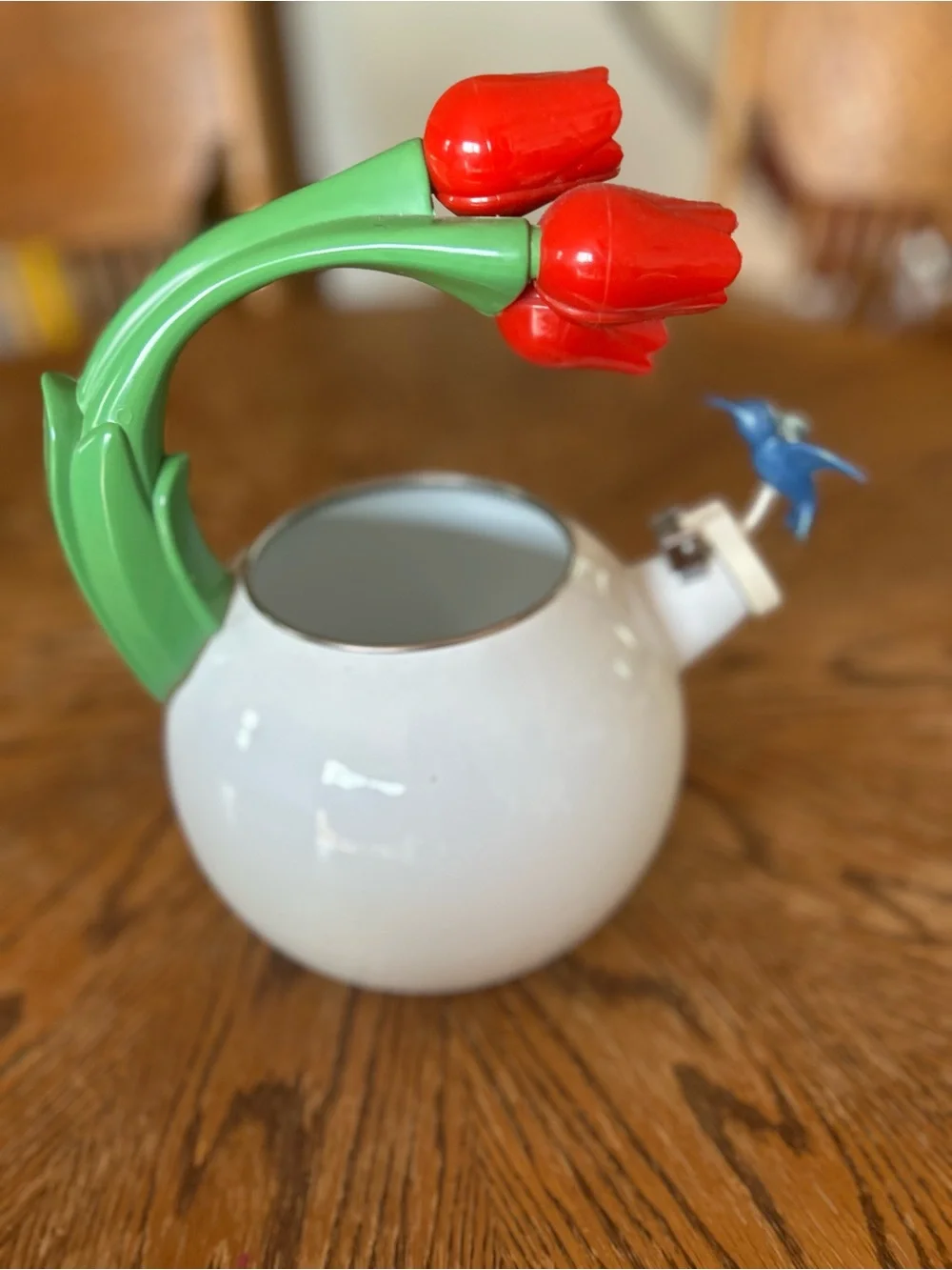 Vintage Via Ancona Tulip and Hummingbird White Enamel Teapot (Missing Lid)